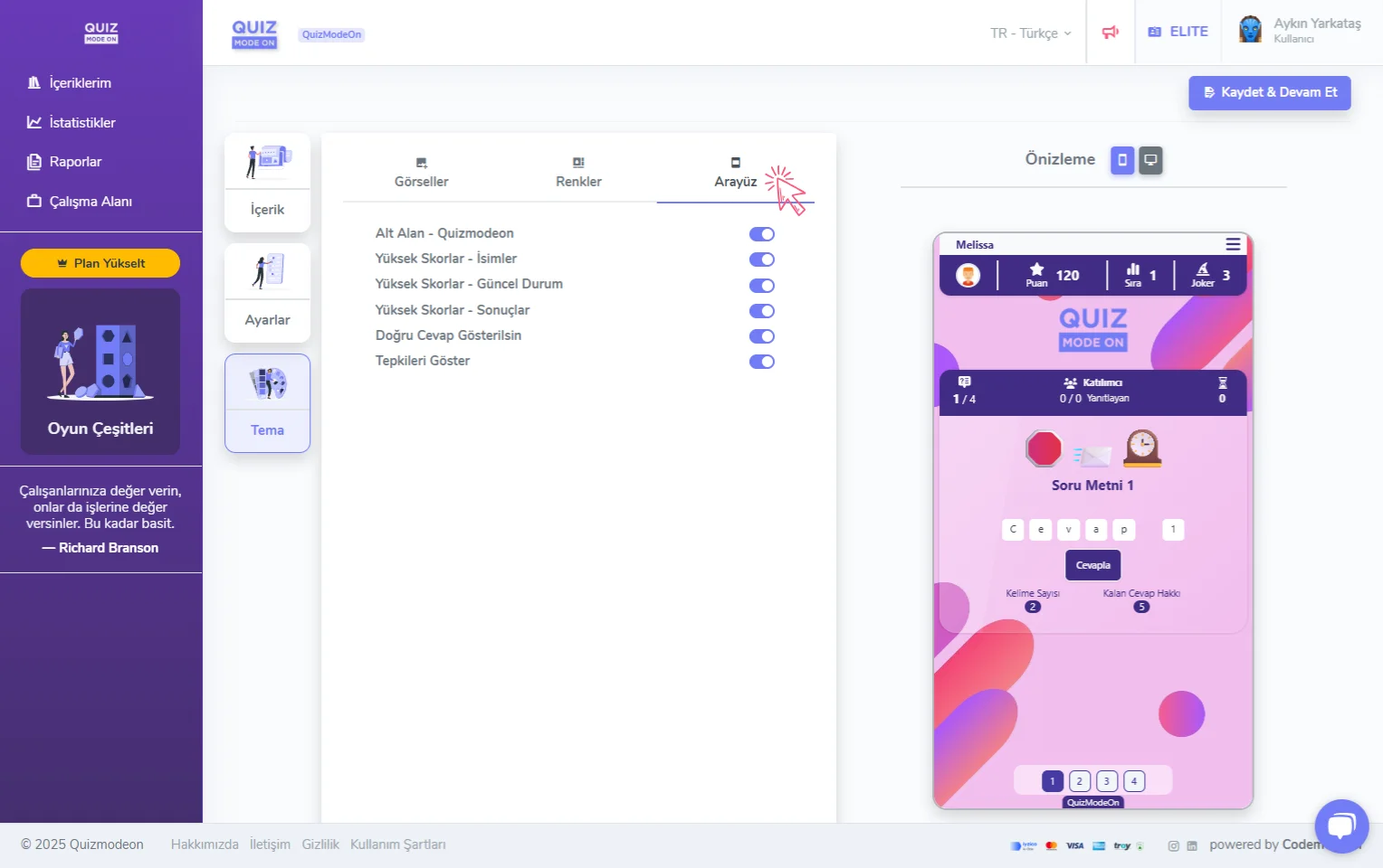emoji quiz oluşturma - tema editörü - arayüz