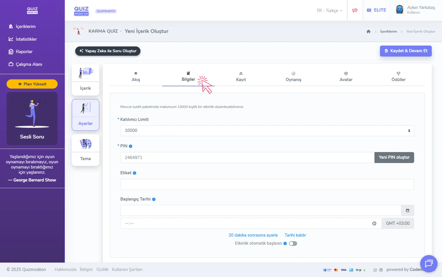 karma quiz oluşturma - ayarlar - genel bilgiler