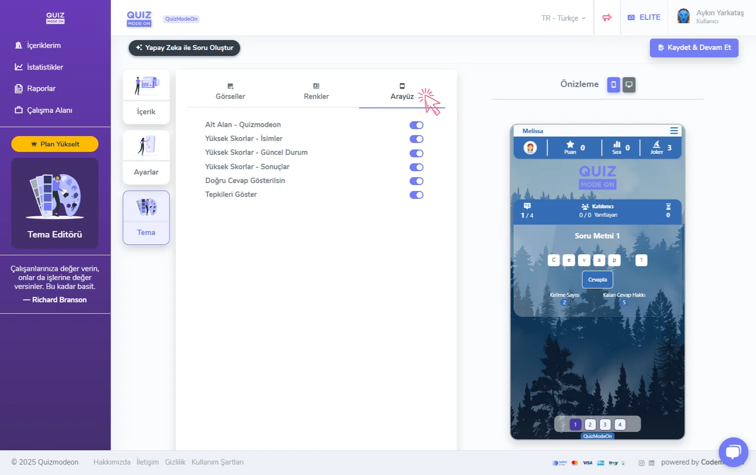 kelime oyunu oluşturma - tema editörü - arayüz