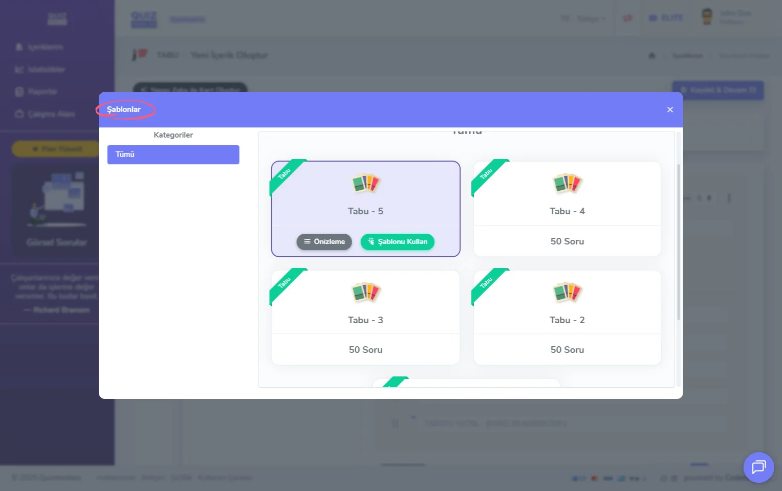 tabu oluşturma - içerik - kart ekleme - hazır içerik şablonları