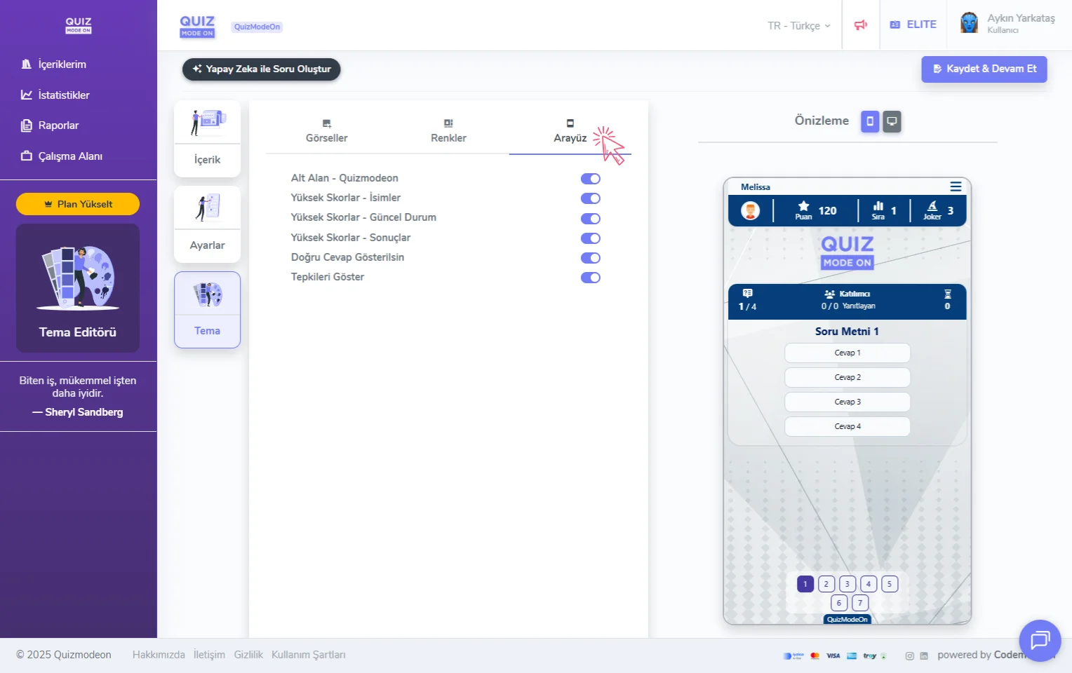karma quiz oluşturma - tema editörü - arayüz