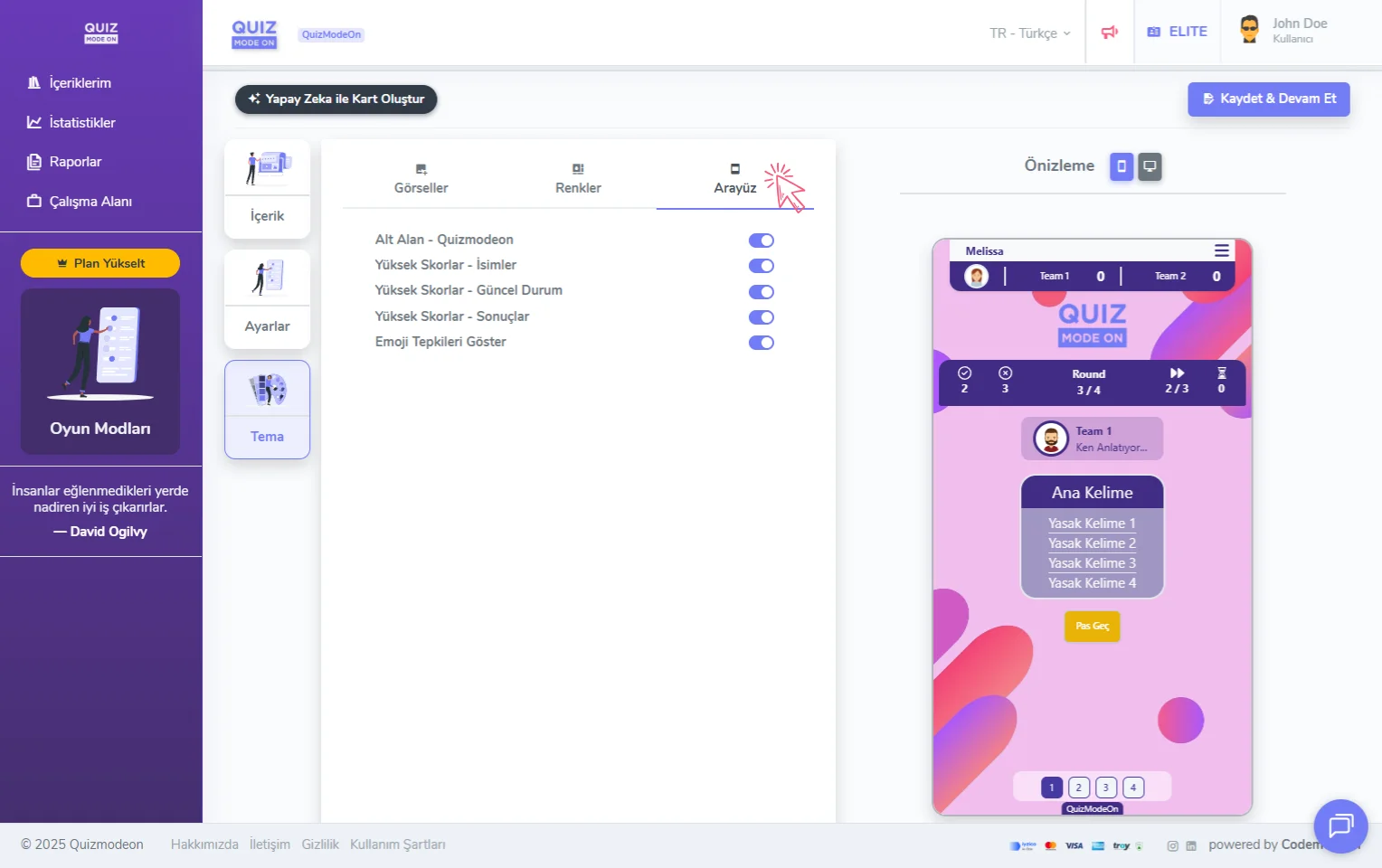 tabu oluşturma - tema editörü - arayüz