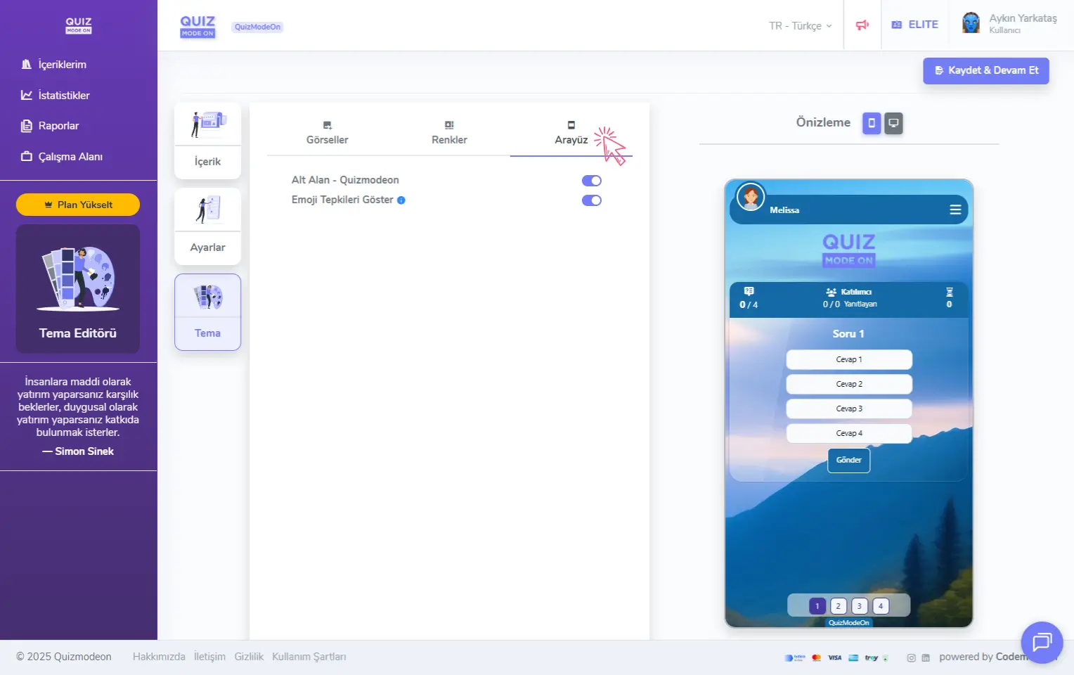 anket oluşturma - tema editörü - arayüz