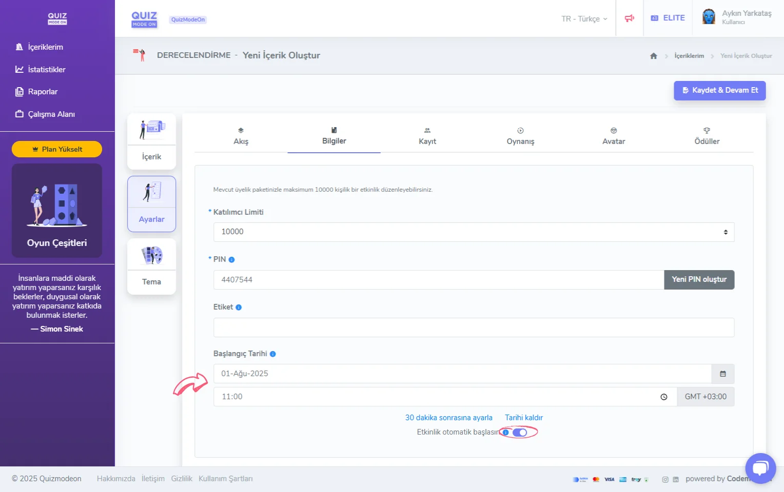 derecelendirme oluşturma - ayarlar - genel bilgiler - otomatik başlatma - başlangıç tarihi