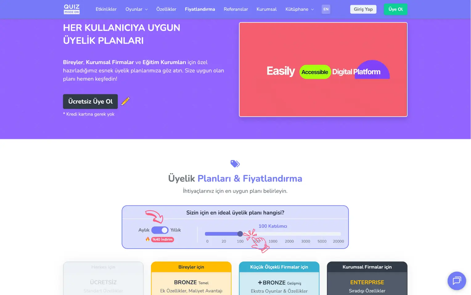 quizmodeon - web sitesi - üyelik planları ve fiyatlandırma