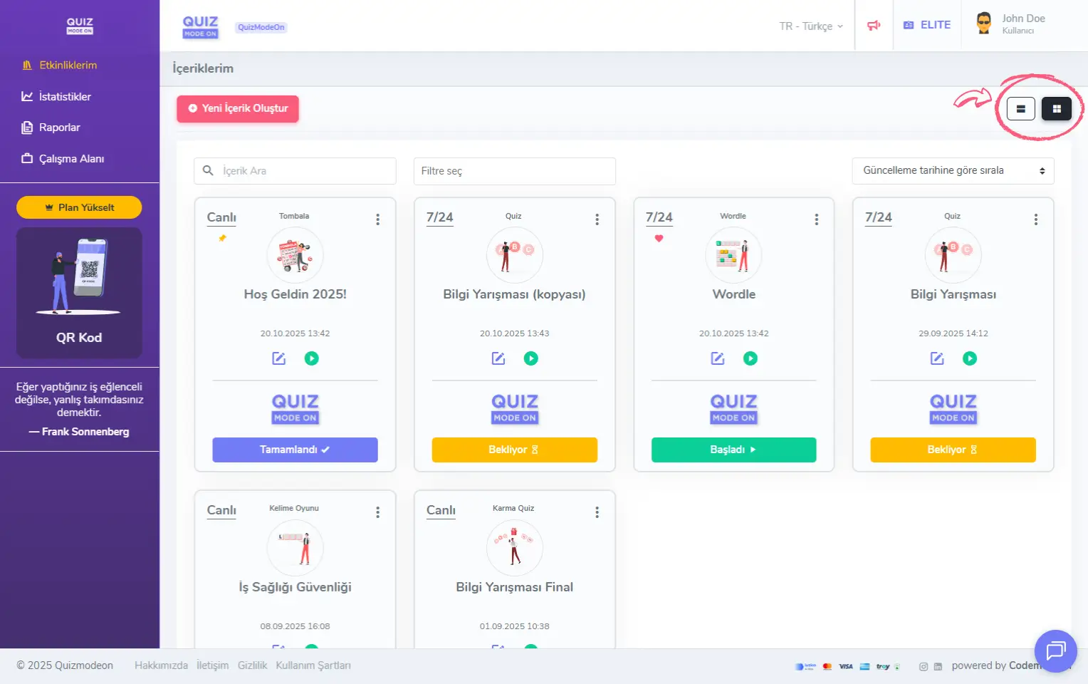 admin üye - ana sayfa - etkinliklerim - liste ve tablo görünümü