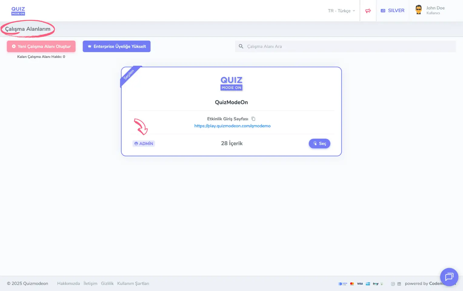 admin üye - kullanıcı menüsü - çalışma alanları - admin