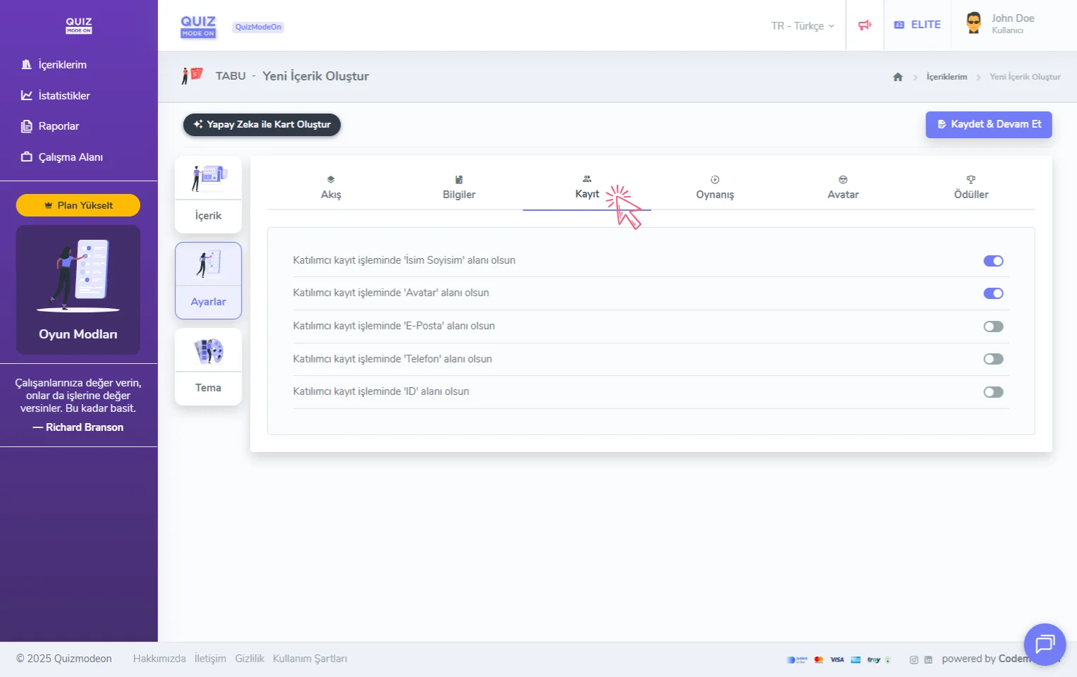 tabu oluşturma - ayarlar - katılımcı kayıt bilgileri
