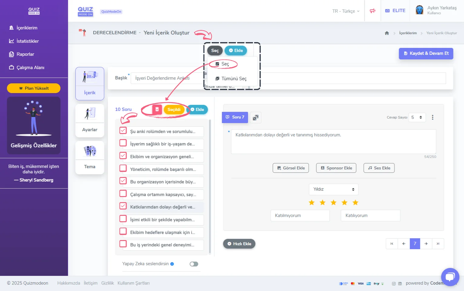 derecelendirme oluşturma - içerik - soru silme