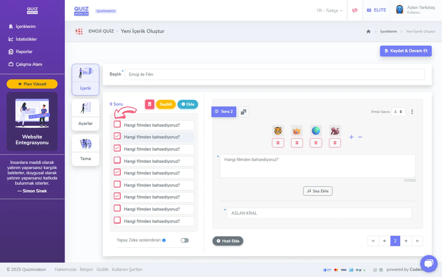 emoji quiz oluşturma - içerik - soru silme