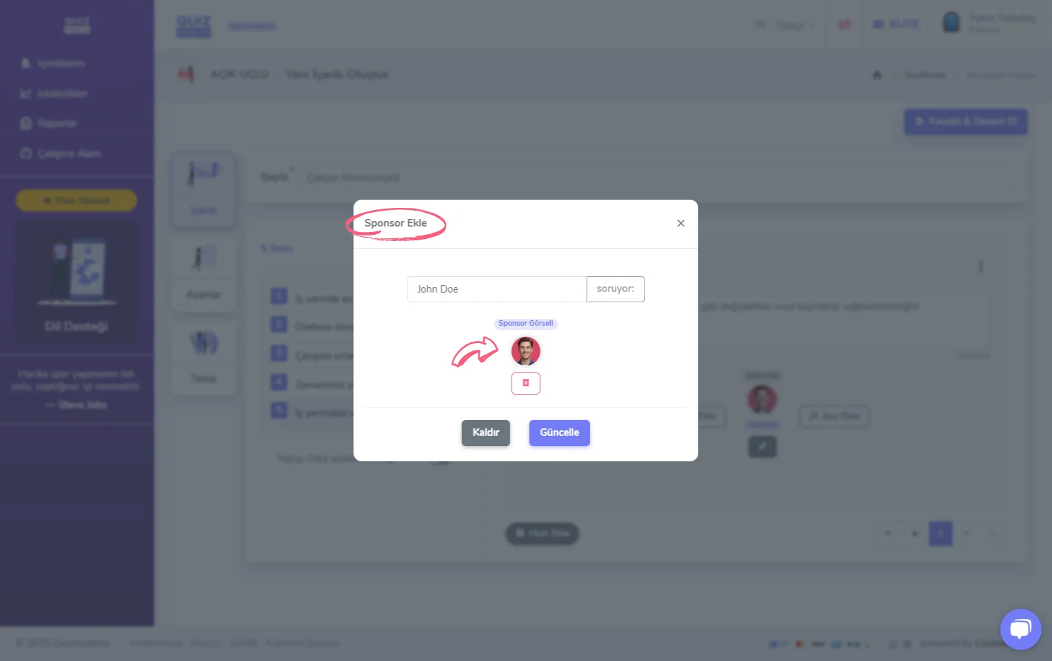 açık uçlu oluşturma - içerik - soru ekleme - sponsor soru tipi
