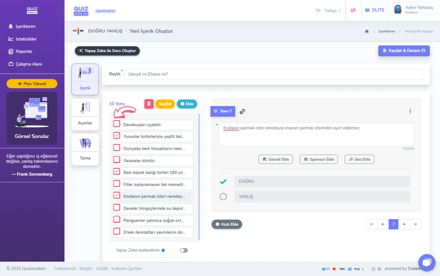 doğru yanlış oluşturma - içerik - soru silme