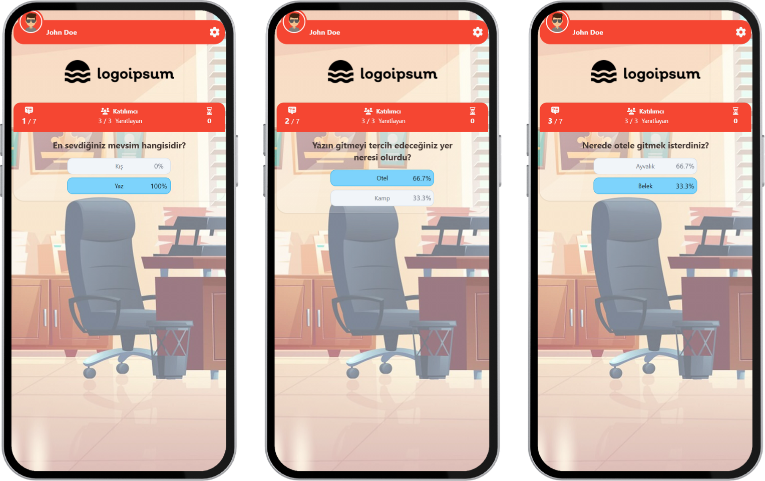 katılımcı - etkinlik akışı (dinamik anket) - olası cevaplama örneği ve farklı sonuçlar
