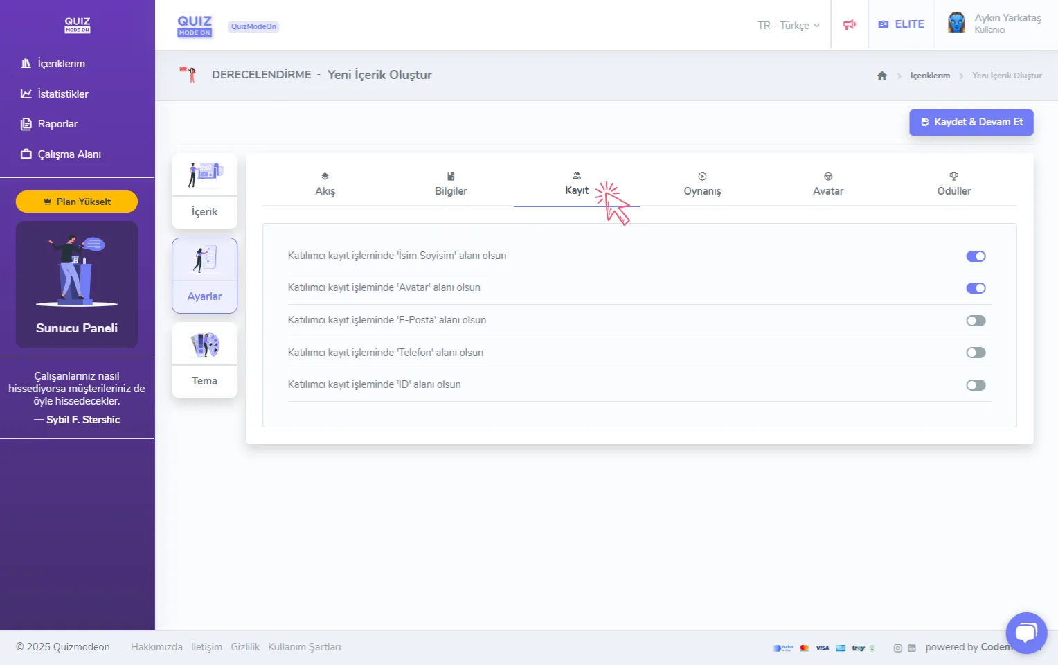 derecelendirme oluşturma - ayarlar - katılımcı kayıt bilgileri