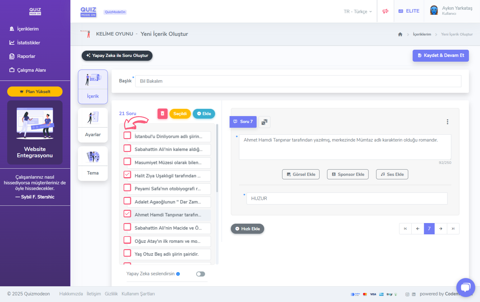 kelime oyunu oluşturma - içerik - soru silme