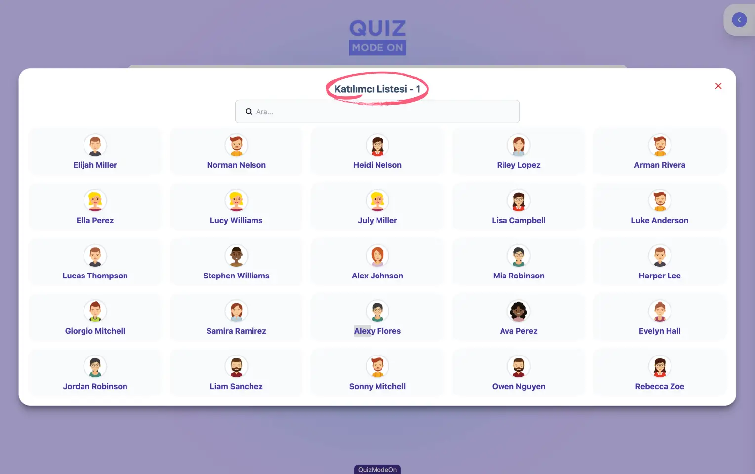 sunucu sayfası - katılımcı listesi