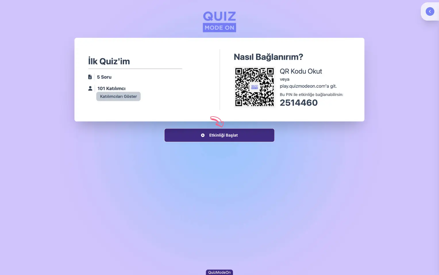 sunucu sayfası - etkinliği başlatma