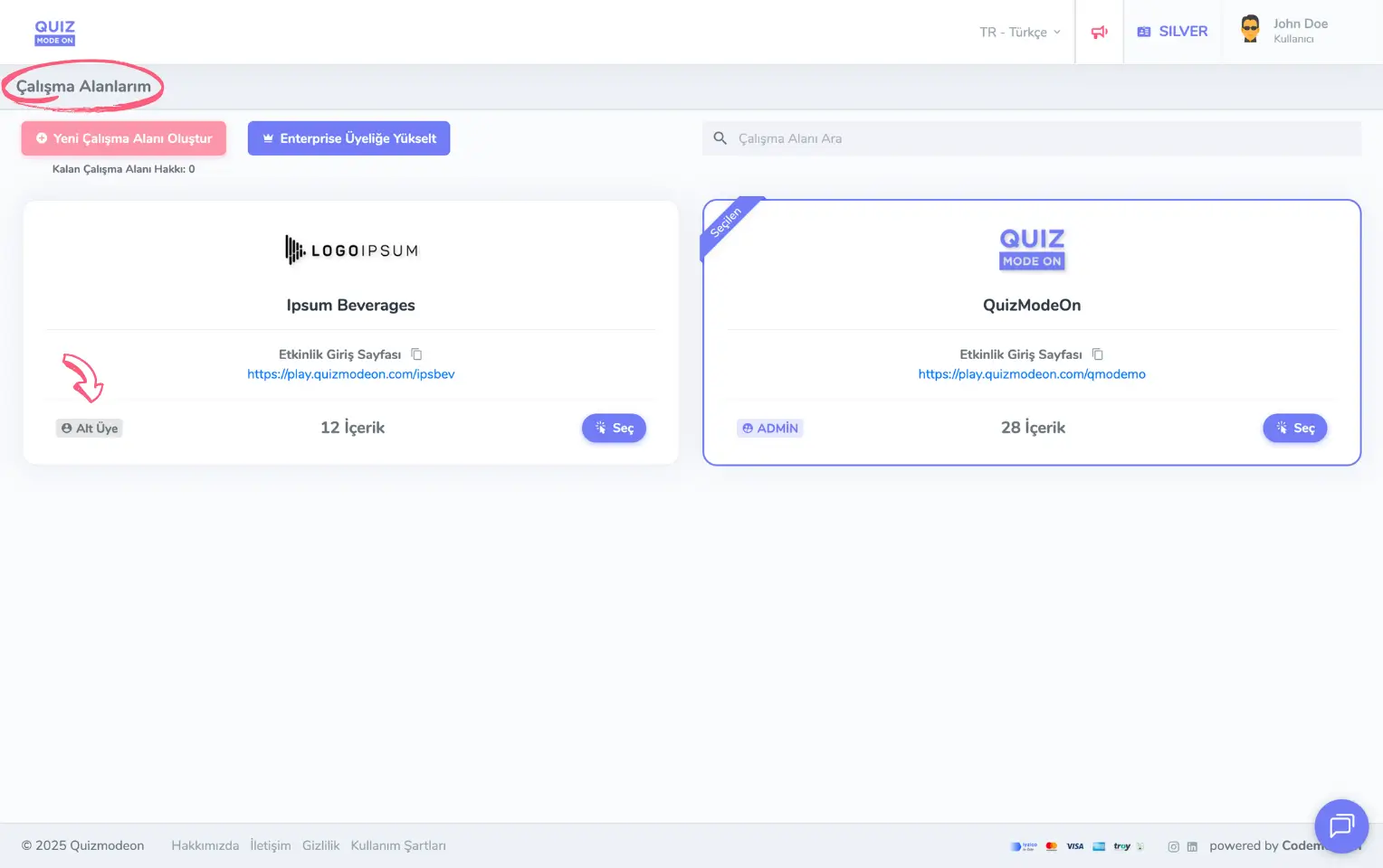 admin üye - kullanıcı menüsü - çalışma alanları - alt üye