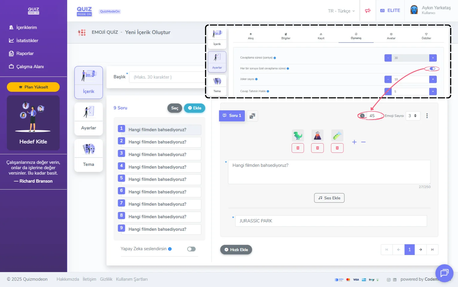 emoji quiz oluşturma - içerik - soruya özel süre belirleme