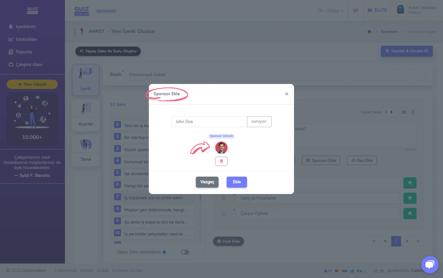 anket oluşturma - içerik - soru ekleme - sponsor soru tipi