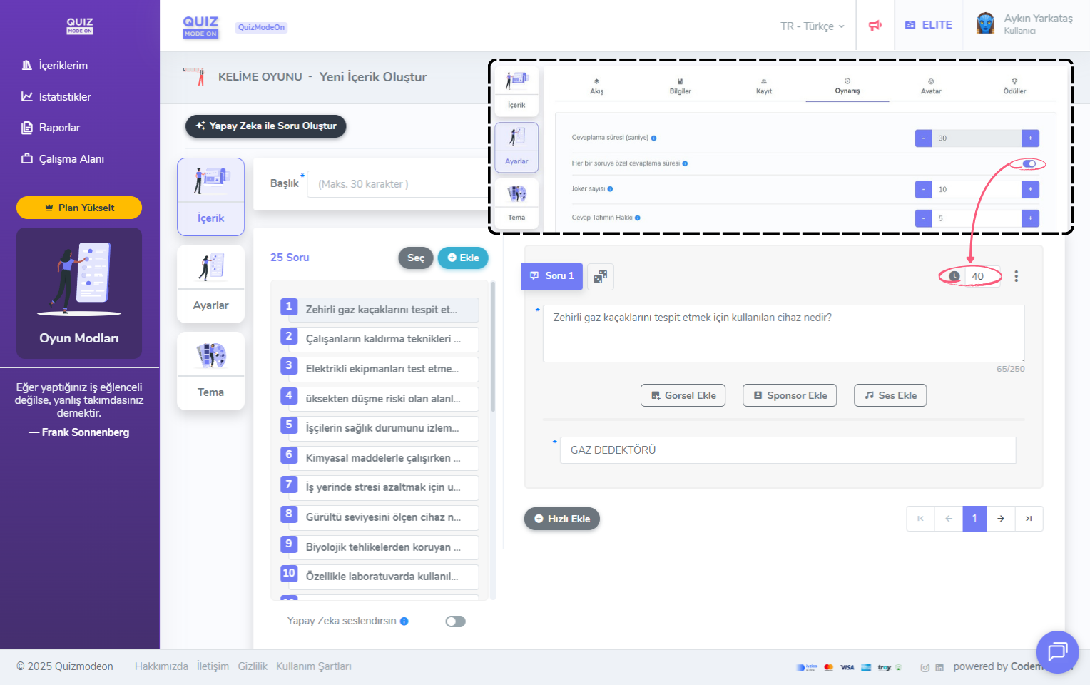 kelime oyunu oluşturma - içerik - soruya özel süre belirleme