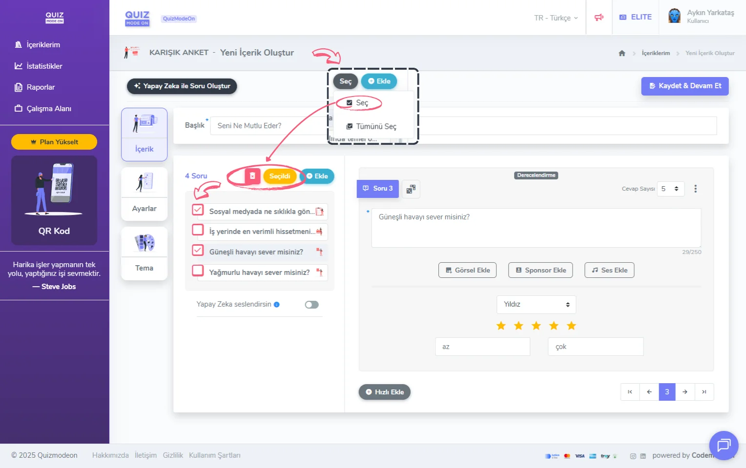karma anket oluşturma - içerik - soru silme