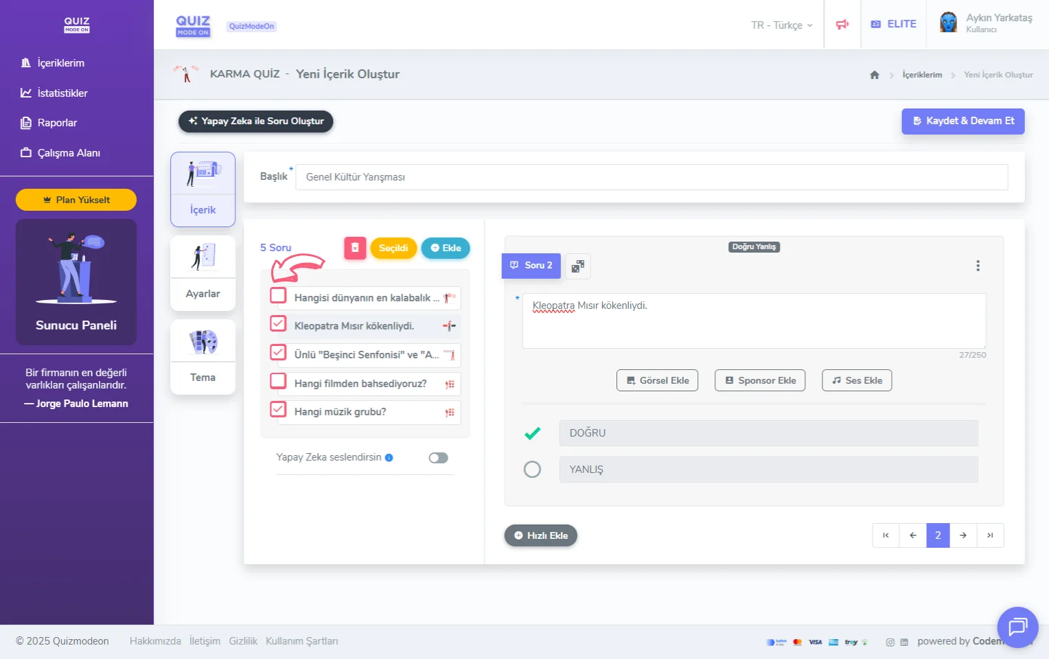 karma quiz oluşturma - içerik - soru silme