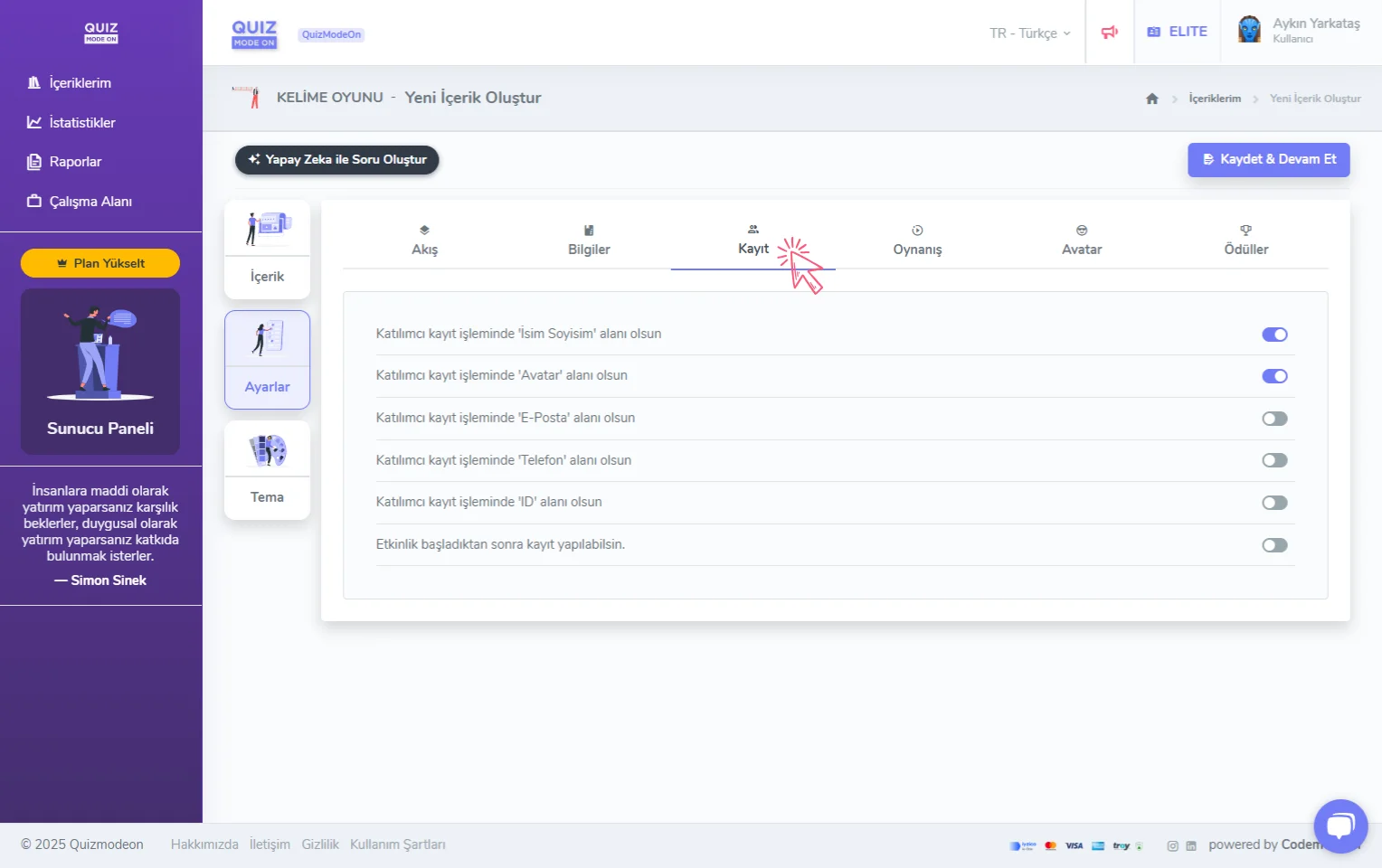 kelime oyunu oluşturma - ayarlar - katılımcı kayıt bilgileri