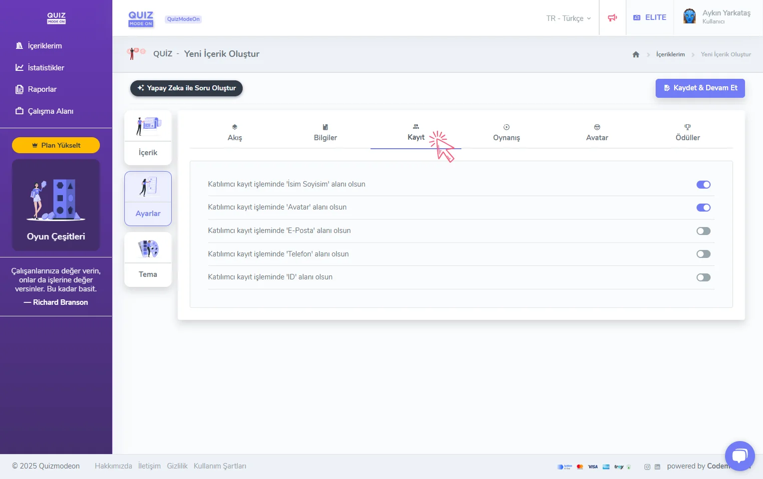 quiz oluşturma - ayarlar - katılımcı kayıt bilgileri