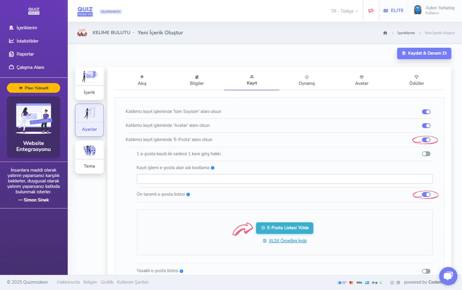 kelime bulutu oluşturma - ayarlar - katılımcı kayıt bilgileri - eposta - ön tanımlı eposta listesi