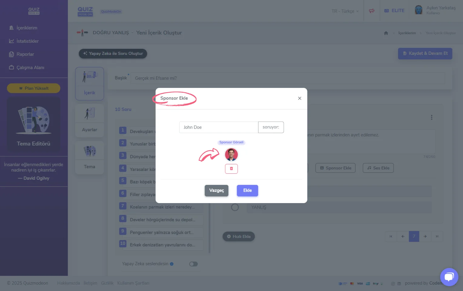 doğru yanlış oluşturma - içerik - soru ekleme - sponsor soru tipi