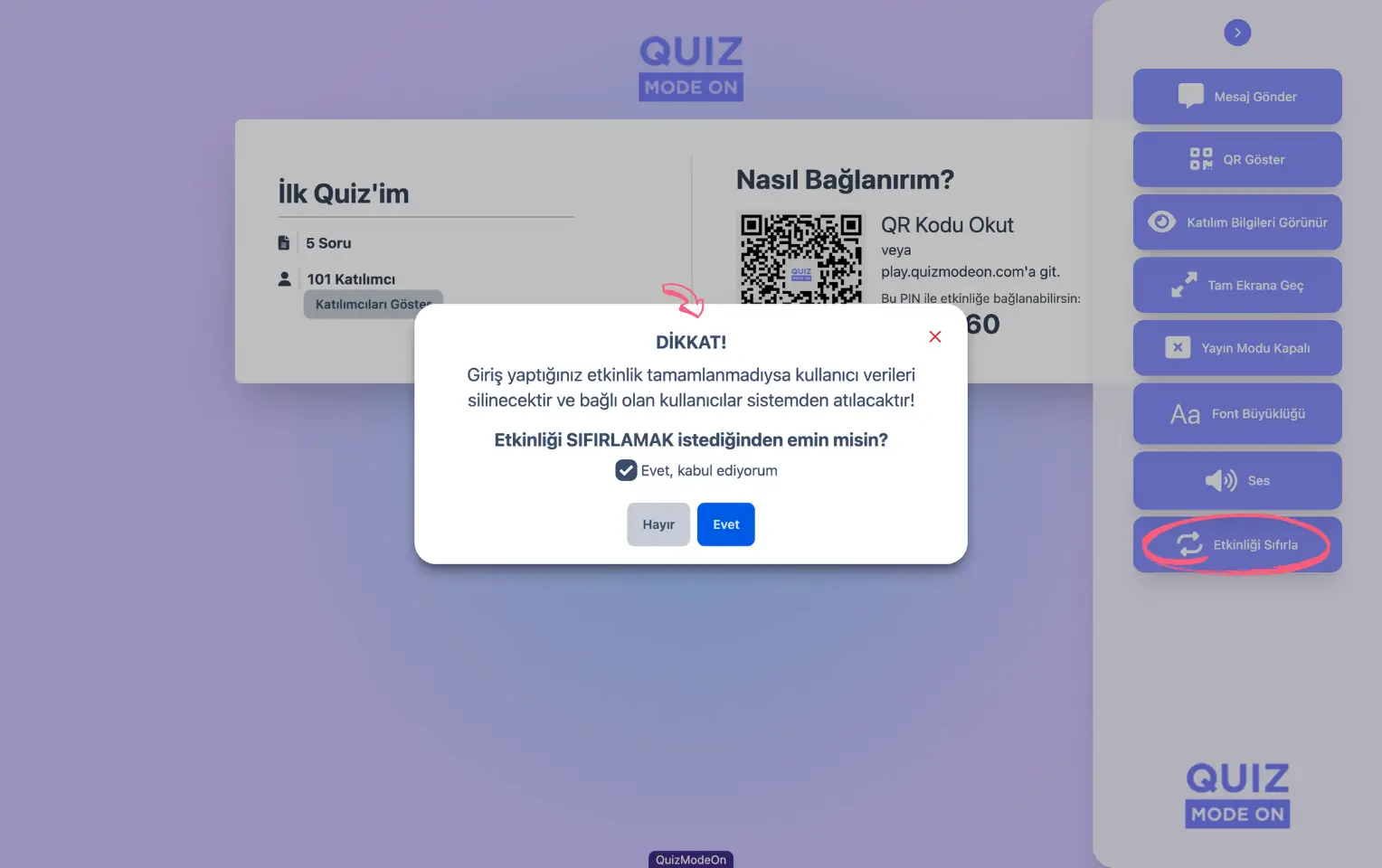 sunucu sayfası - moderasyon - etkinliği sıfırlama