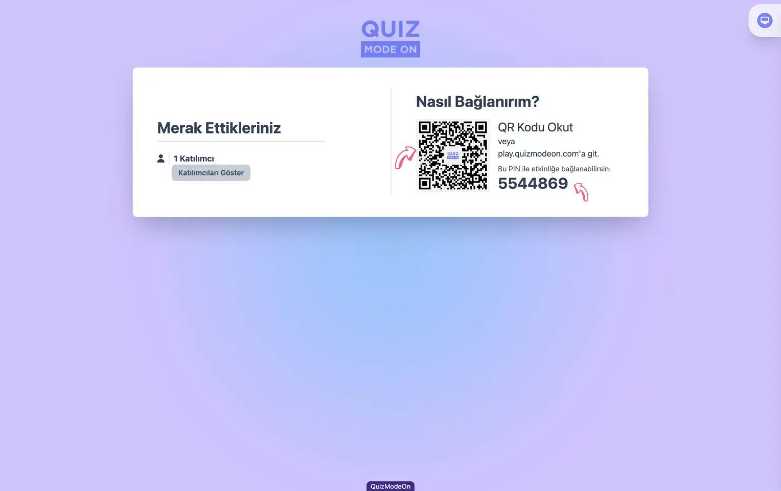 sunucu - sunucu sayfası - sunucu görünümü - katılımcı linki ve qr kod