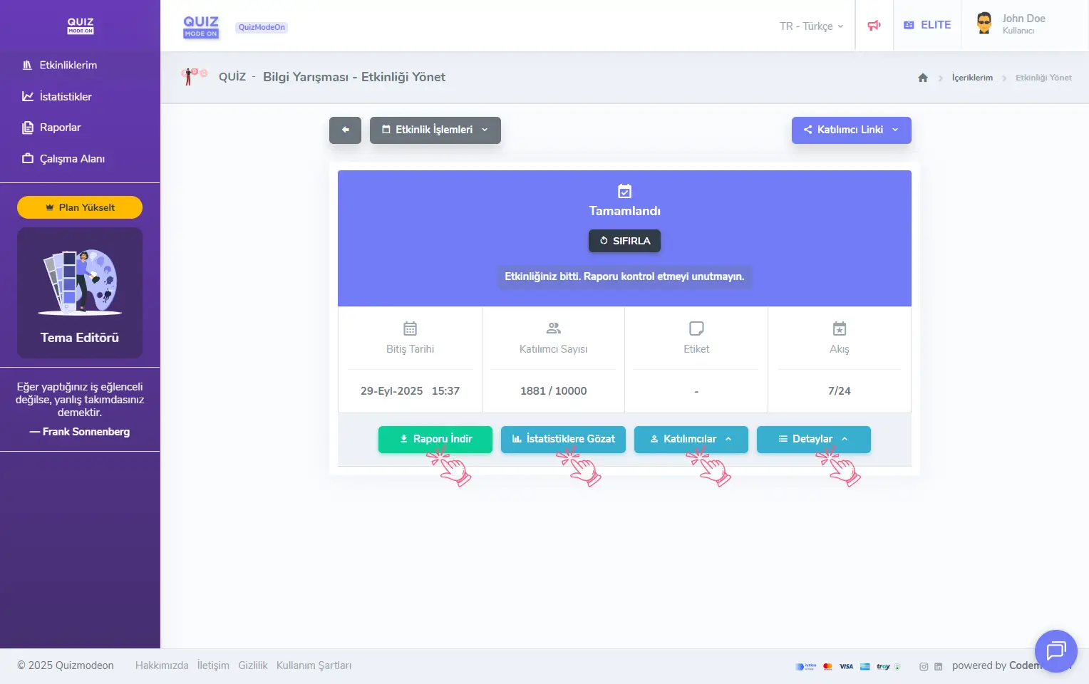 admin üye - etkinlikler - etkinlik yönetimi - asenkron etkinlik - raporlar ve istatistikler