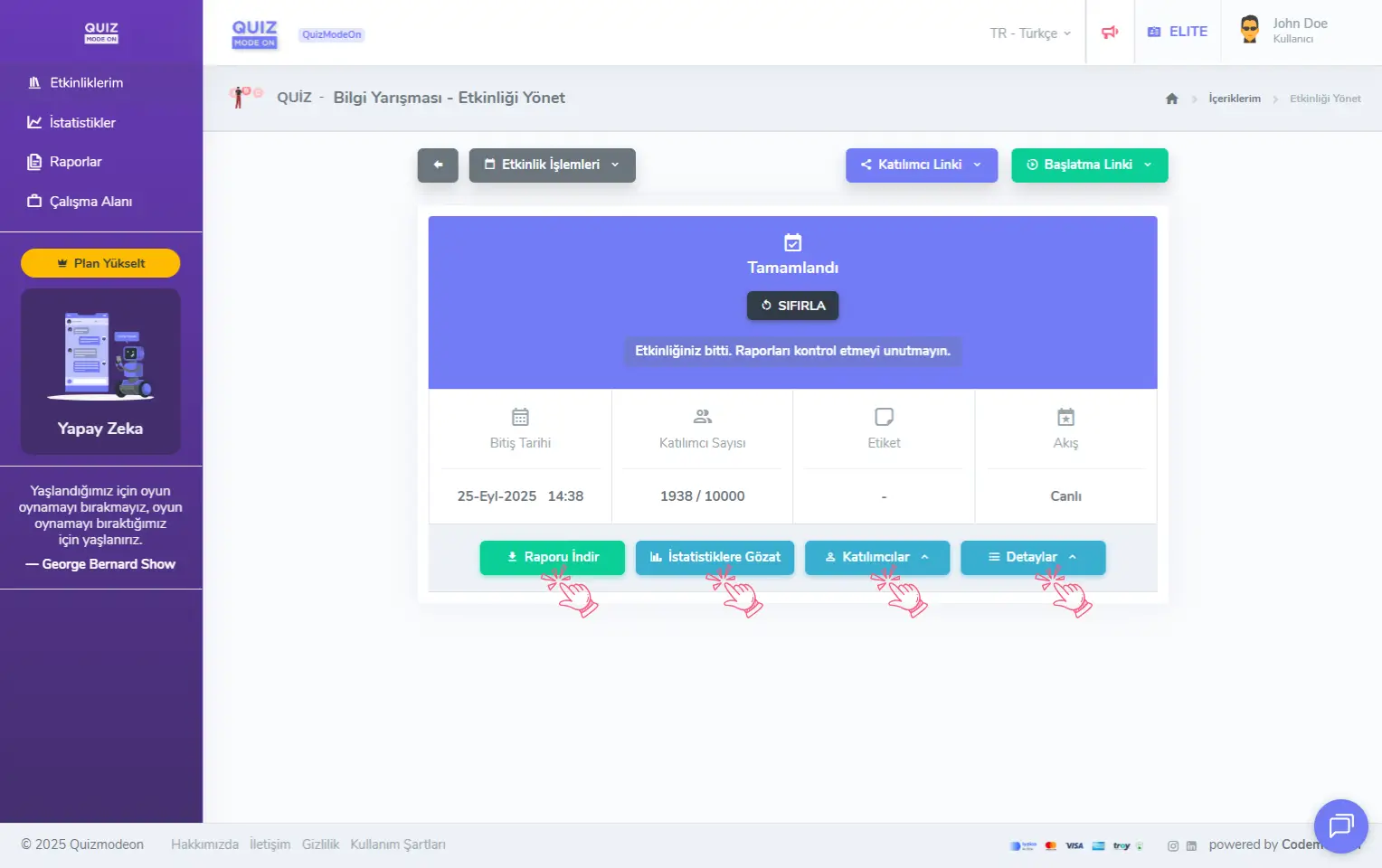 admin üye - etkinlikler - etkinlik yönetimi - canlı etkinlik - raporlar ve istatistikler