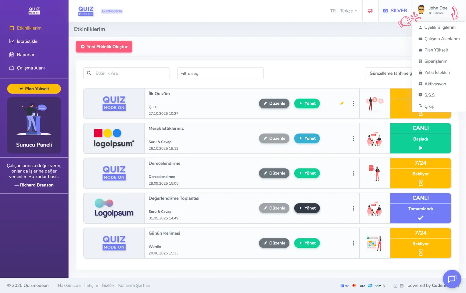 admin üye - kullanıcı menüsü - genel bakış