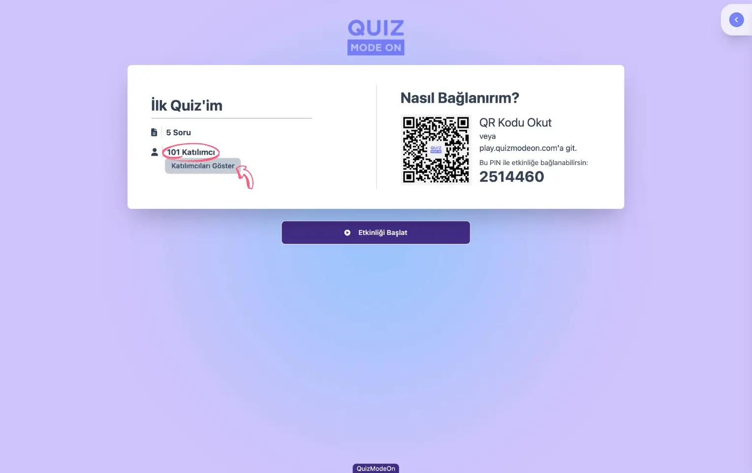 moderatör - sunucu sayfası - anlık katılımcı sayısı ve katılımcı gösterim butomu