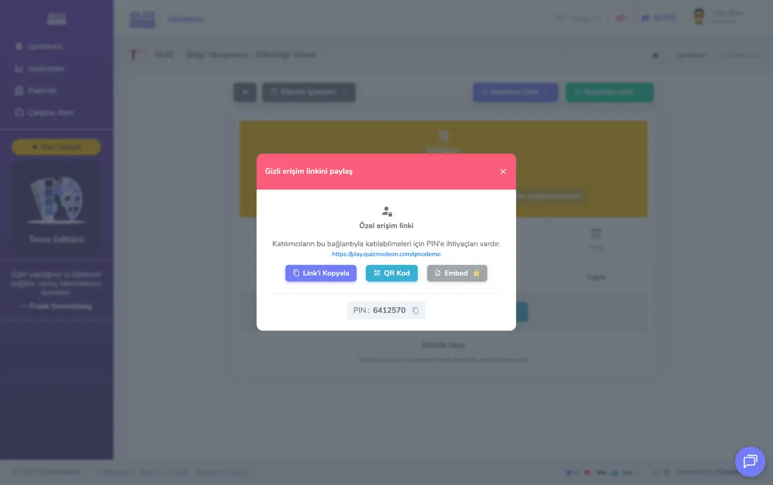 admin üye - etkinlikler - etkinlik yönetimi - asenkron etkinlik - gizli katılımcı linki - pin, link ve qr kod