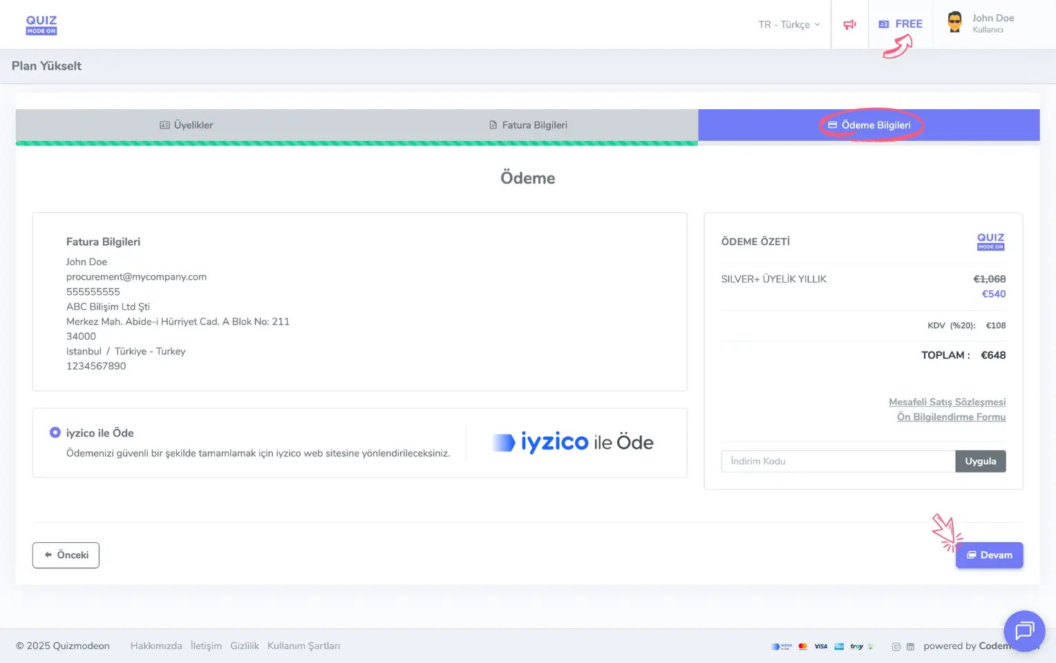 admin üye - üyelik planı satın alma - ödeme ve kart bilgileri