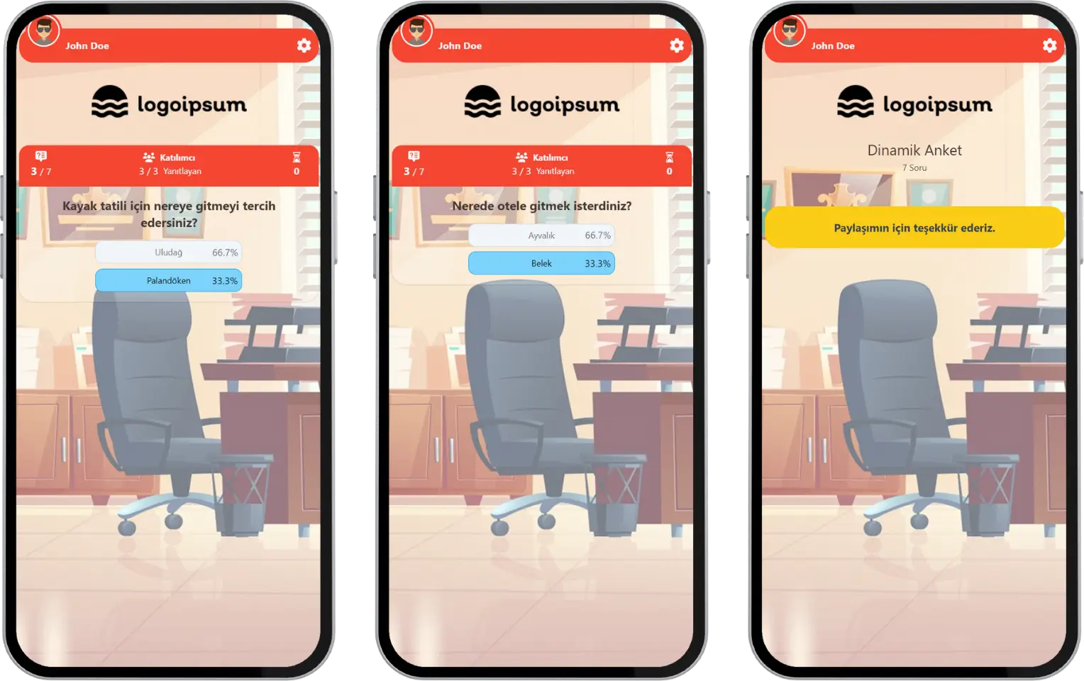 katılımcı - etkinlik akışı (dinamik anket) - sonuç ekranı - teşekkürler