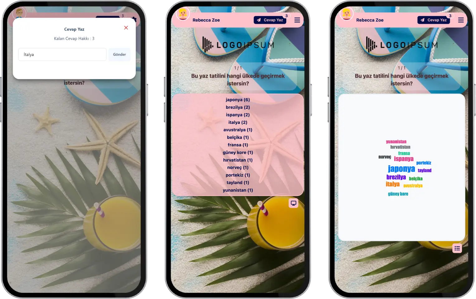 katılımcı - etkinlik akışı (kelime bulutu) - cevap listesi - cevap verme