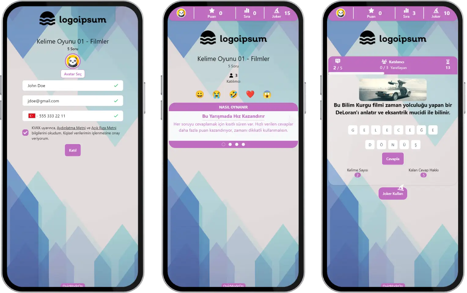 katılımcı - akış ekranları - kayıt, lobi ve oyun