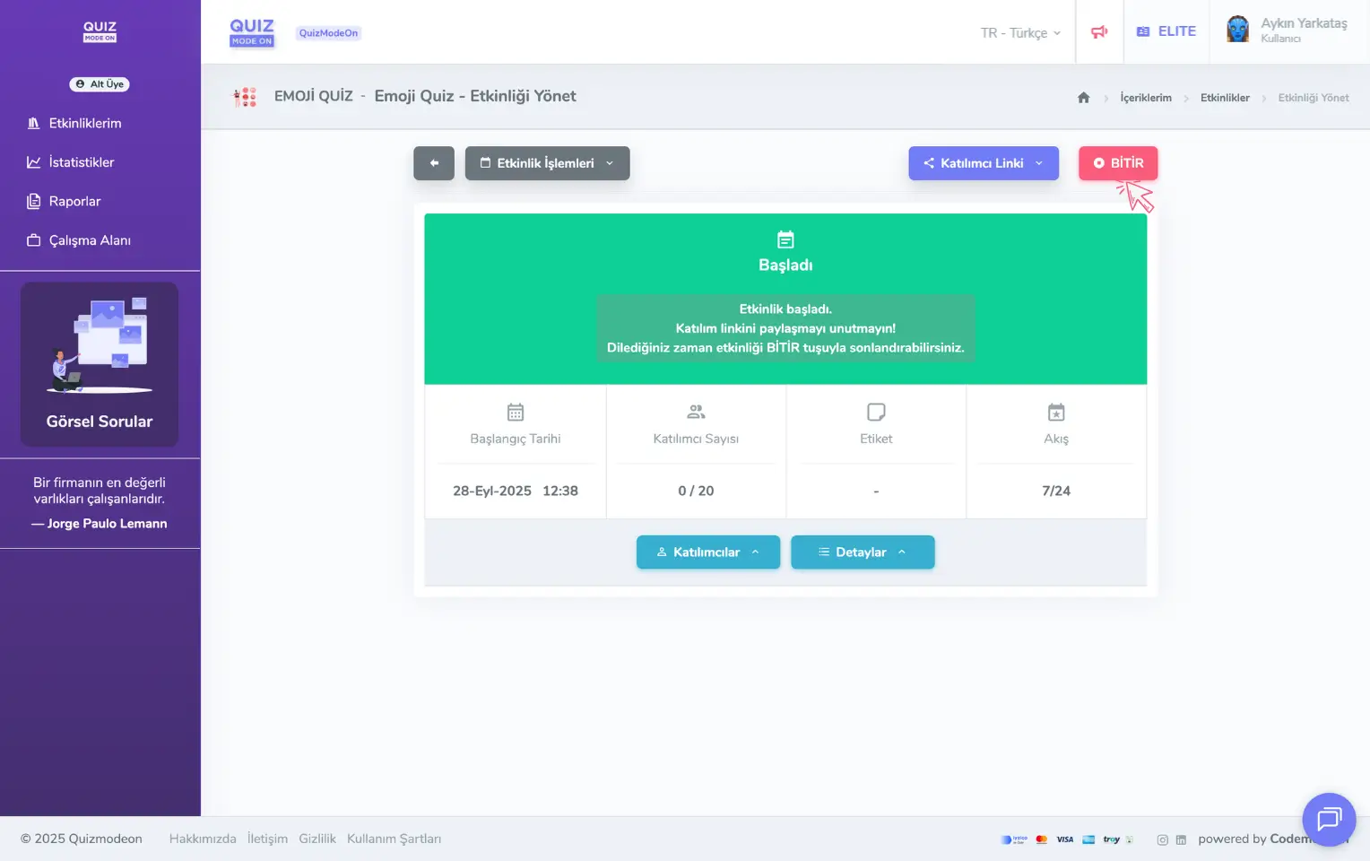 admin üye - etkinlikler - etkinlik yönetimi - asenkron etkinlik - bitirme