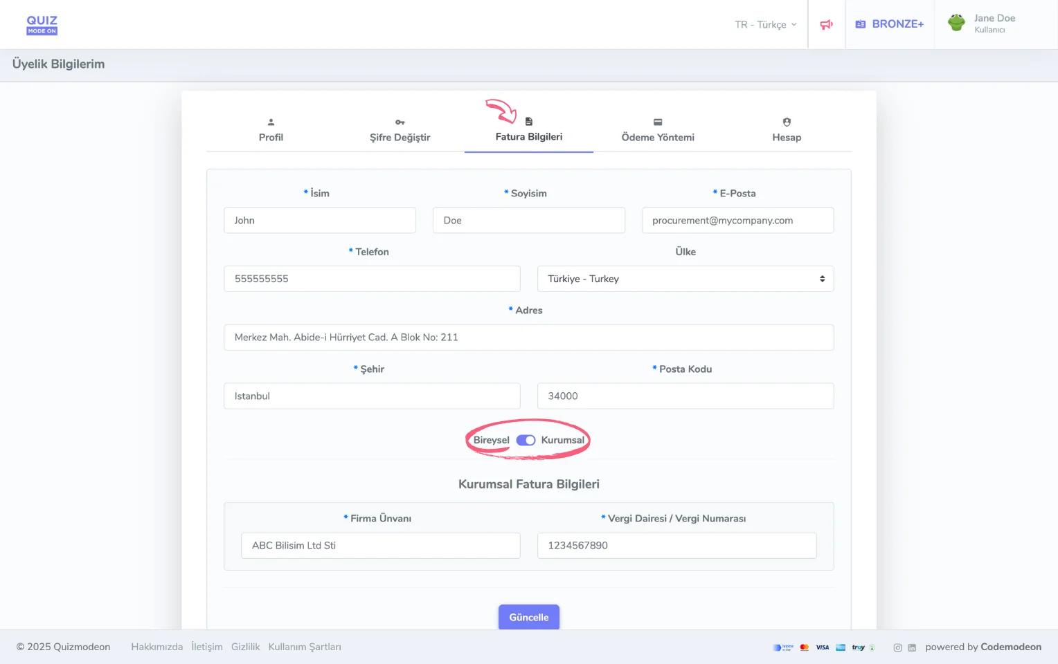üyelik hesabı - fatura bilgileri - güncelleme