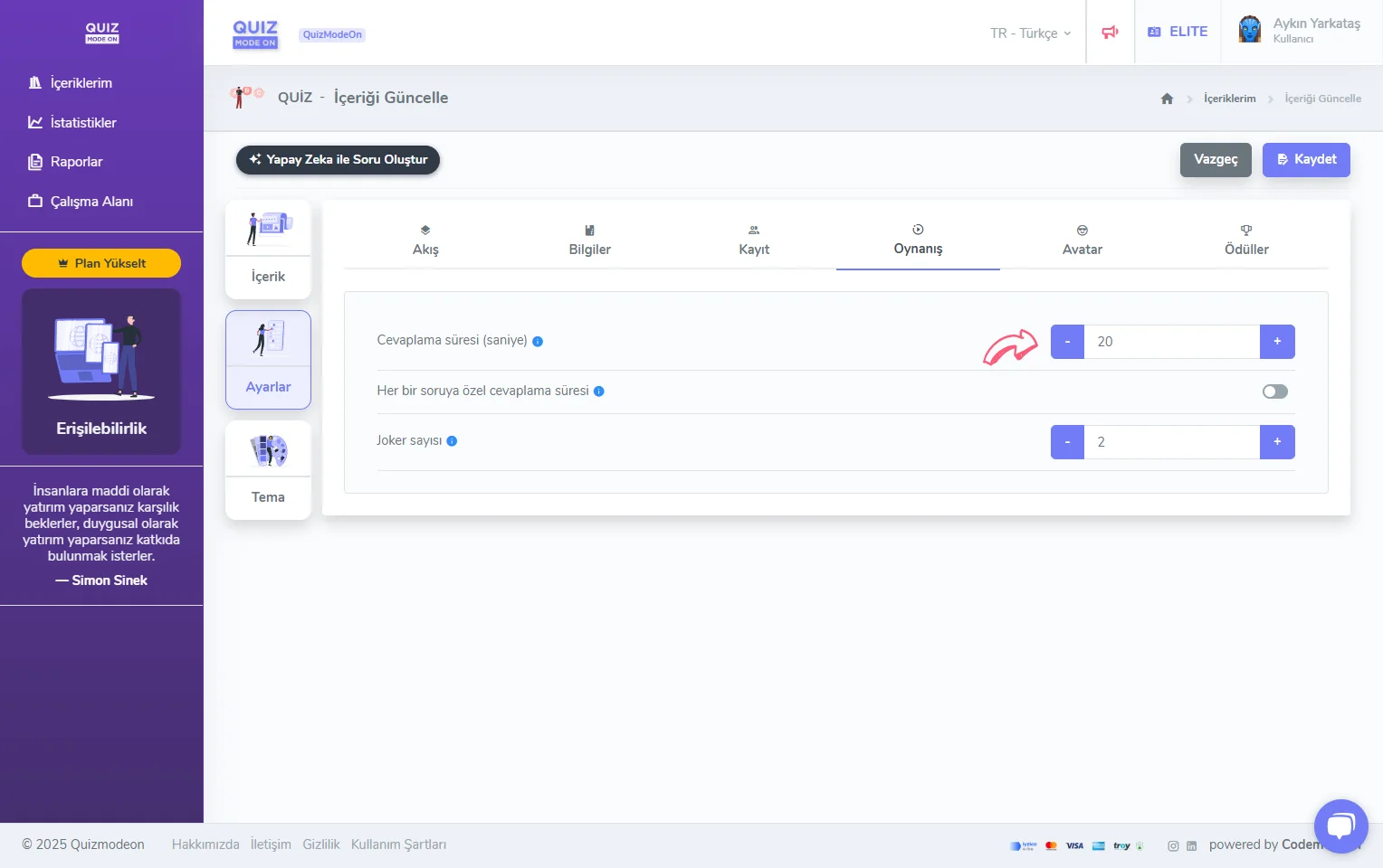 etkinlik ayarları - soru süresi