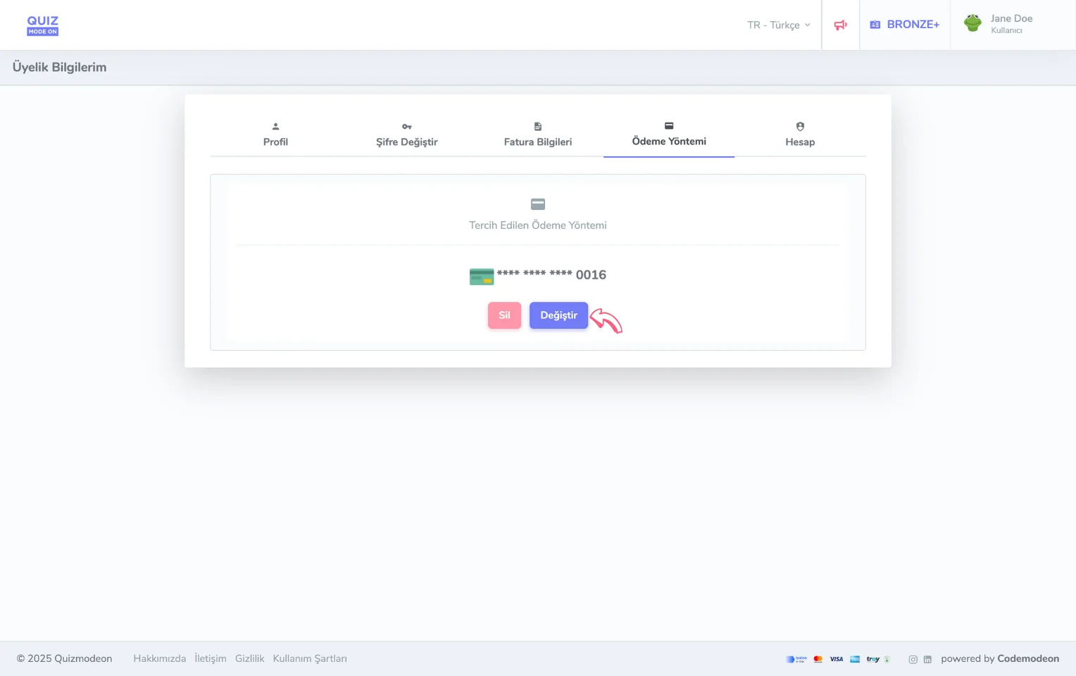 üyelik hesabı - ödeme yöntemi - kart silme deaktif