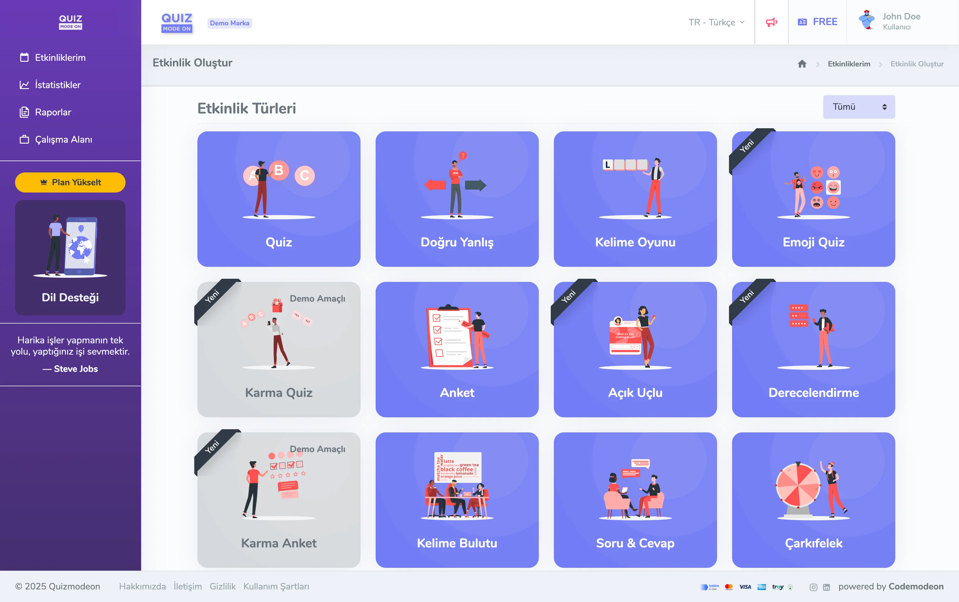 etkinlikler - yeni etkinlik oluşturma - etkinlik türleri