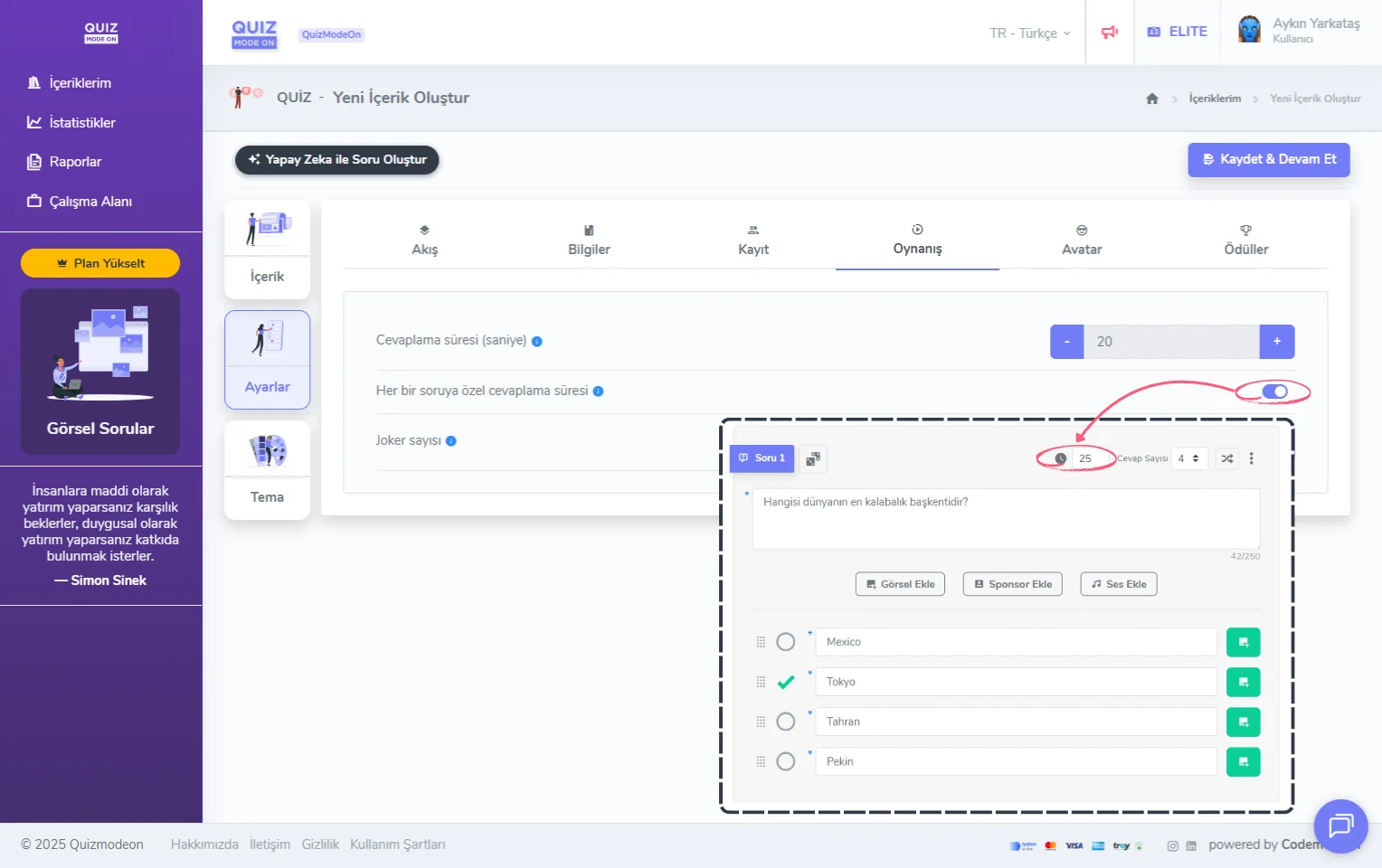 etkinlik ayarları - soru süresi - soruya özel süre belirleme