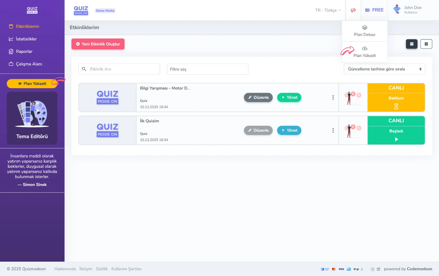 quizmodeon portal - üyelik planları - plan yükseltme