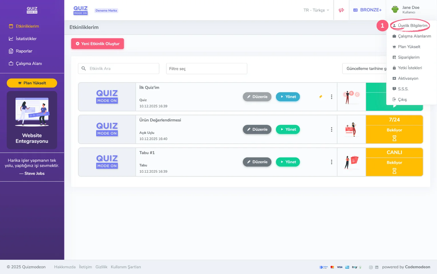 ana sayfa - kullanıcı menüsü - üyelik bilgileri